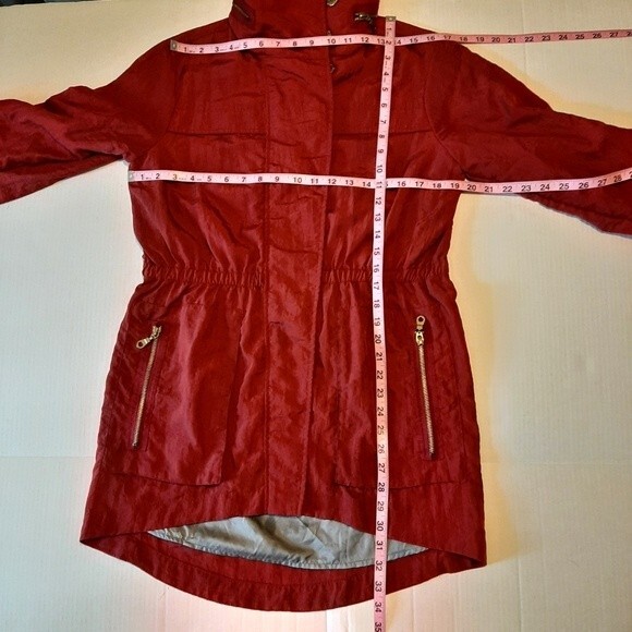 G.E.T. Red Hooded Trench Coat Lightweight Zip Up Jacket Toll-Tab Sleeve - Picture 7 of 16